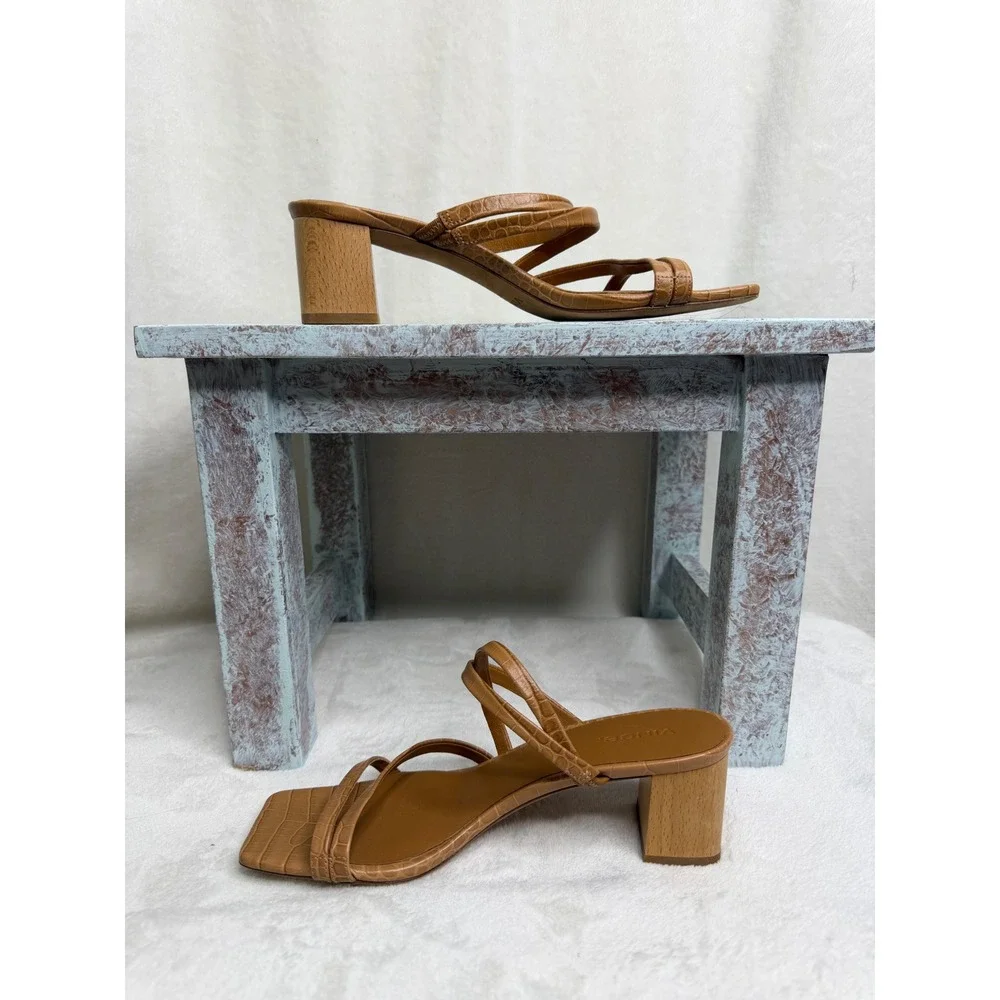 Vince Elita Sandal Womens 7M Tan Croc Embossed Leather Strappy Block Wood Heel